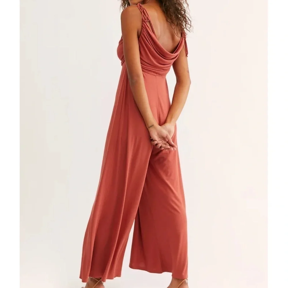 FP Beach SZ XS Terracotta Boho Slinky Tie Straps Cowl Neck All Day Long Jumpsuit